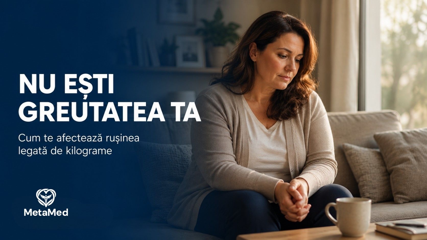 Femeie gânditoare, rușinea legată de greutate și impactul ei emoțional